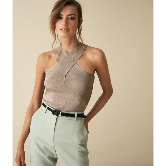 Reiss Tops - Reiss metallic criss cross halter top in silver NEW